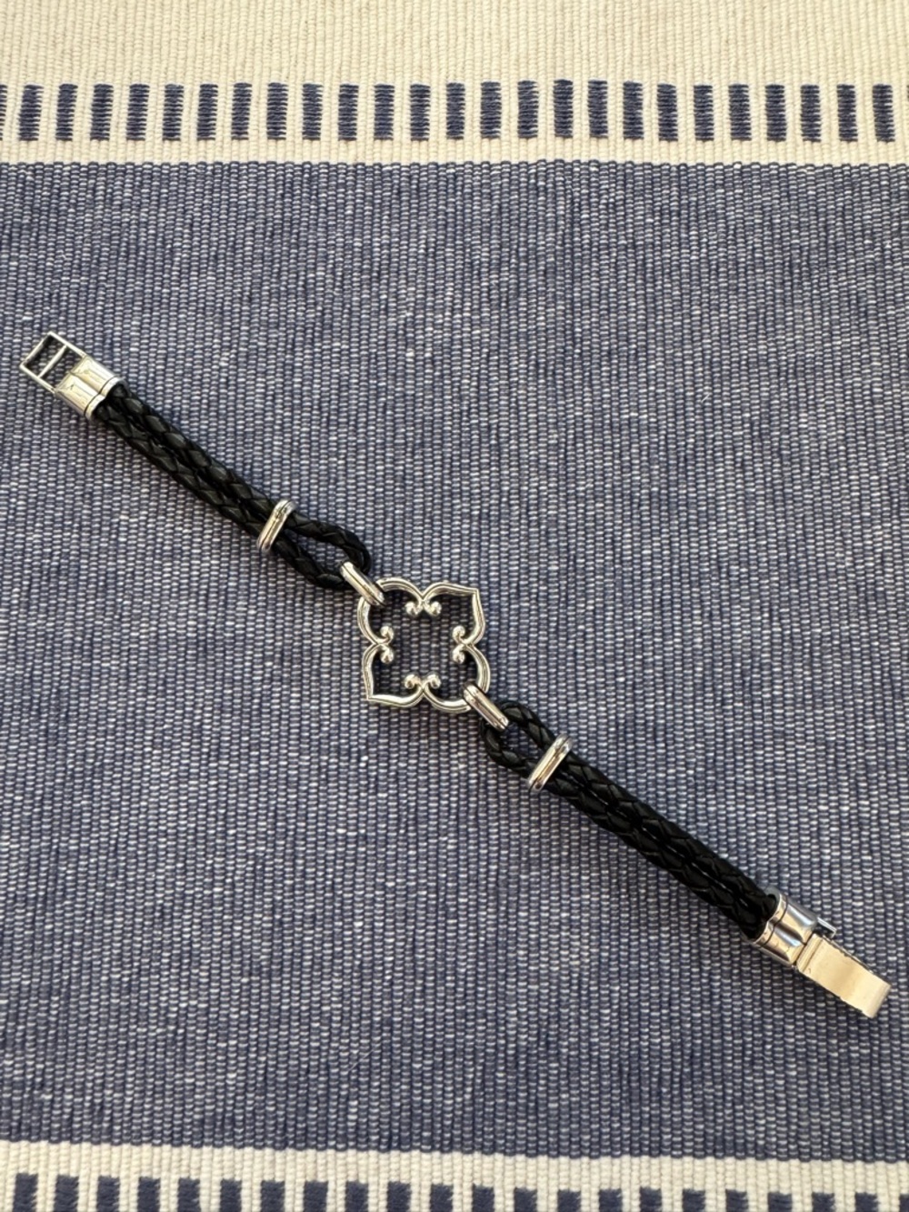 Braided Black Leather Bracelet with Silver Clover Center